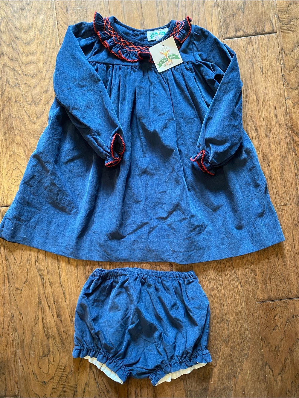 NWT Southern Taters. Navy & red corduroy long-Sleeve Smocked Dress with bloomers